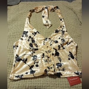 Women's Cream Floral Velvet Halter Top,Size M